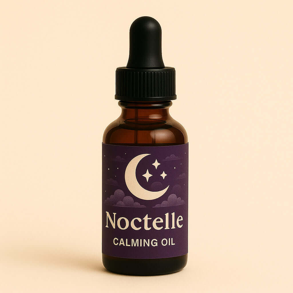 Noctelle Calming Oil bottle with moon design for relaxation, stress relief, and better sleep.