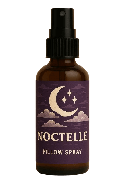 Noctelle Pillow Spray in a glass bottle, infused with lavender for better sleep and relaxation.