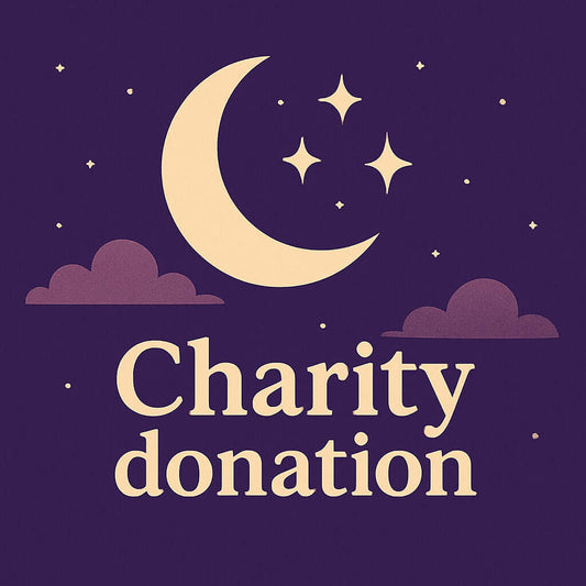 Charity donation graphic featuring a moon and stars on a purple background.